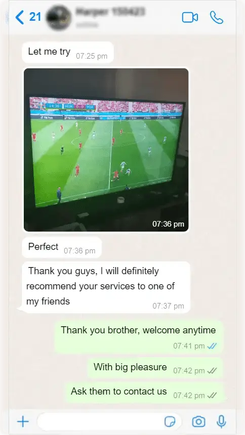 WhatsApp conversation: customer streaming 4K live TV without buffering