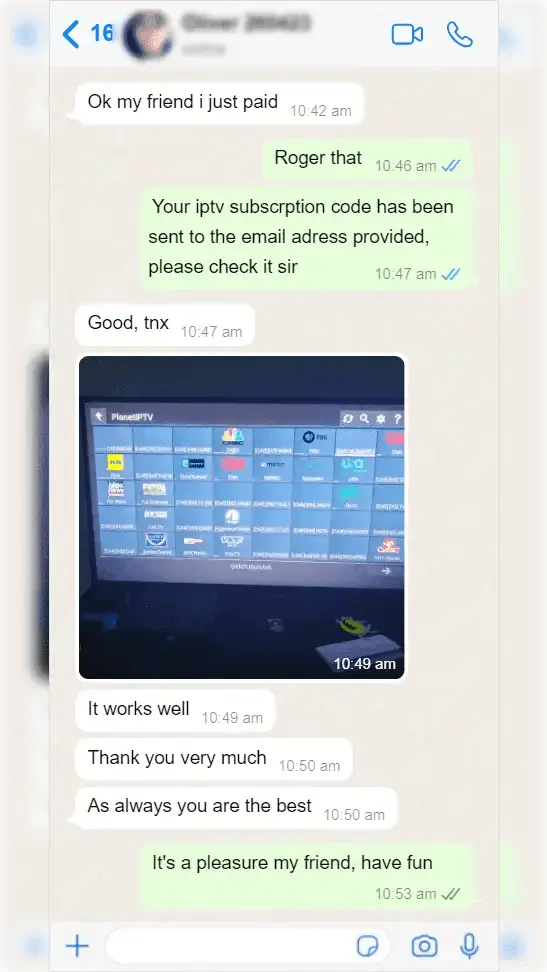 Best IPTV service review — WhatsApp message from customer confirming subscription works on Smart TV