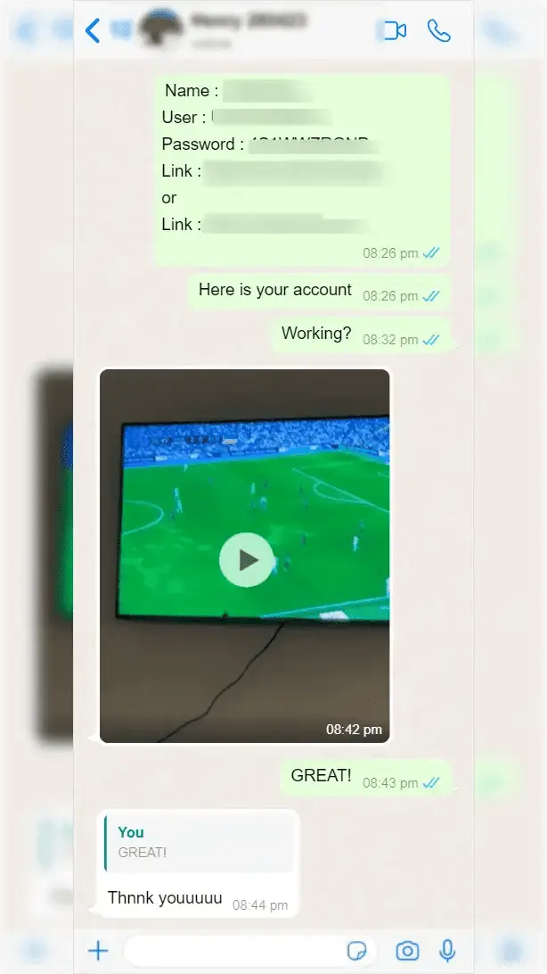 IPTV subscription activated in 5 minutes — WhatsApp review thanking support team